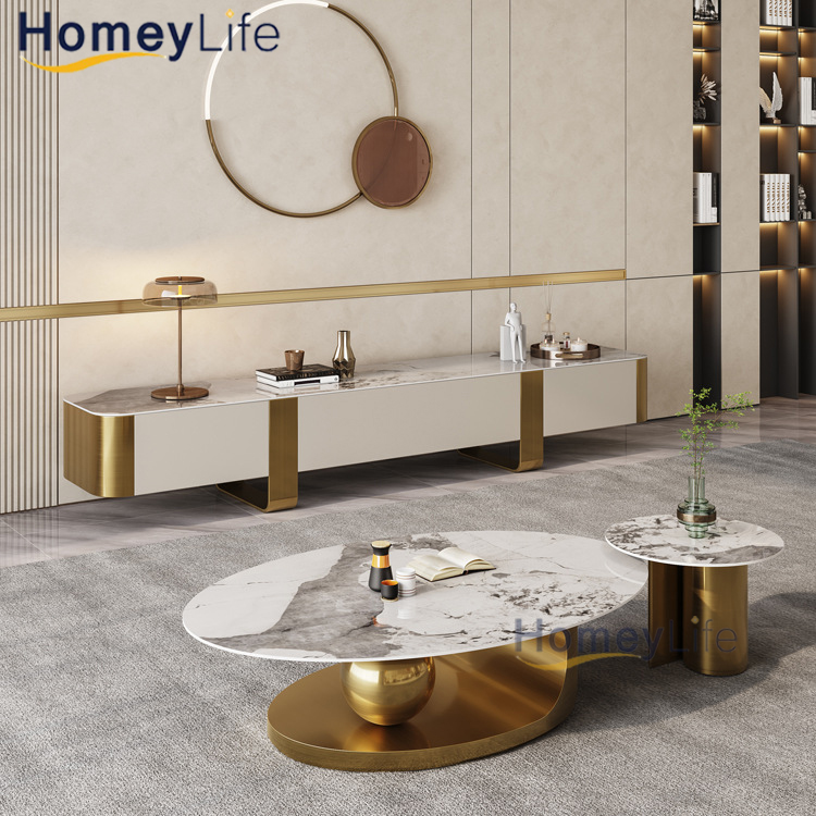 Luxo sala de estar móveis para casa novo design mesa final vidro mármore conjunto superior pedra sinterizada mesa de centro com aço inoxidável titânio ouro